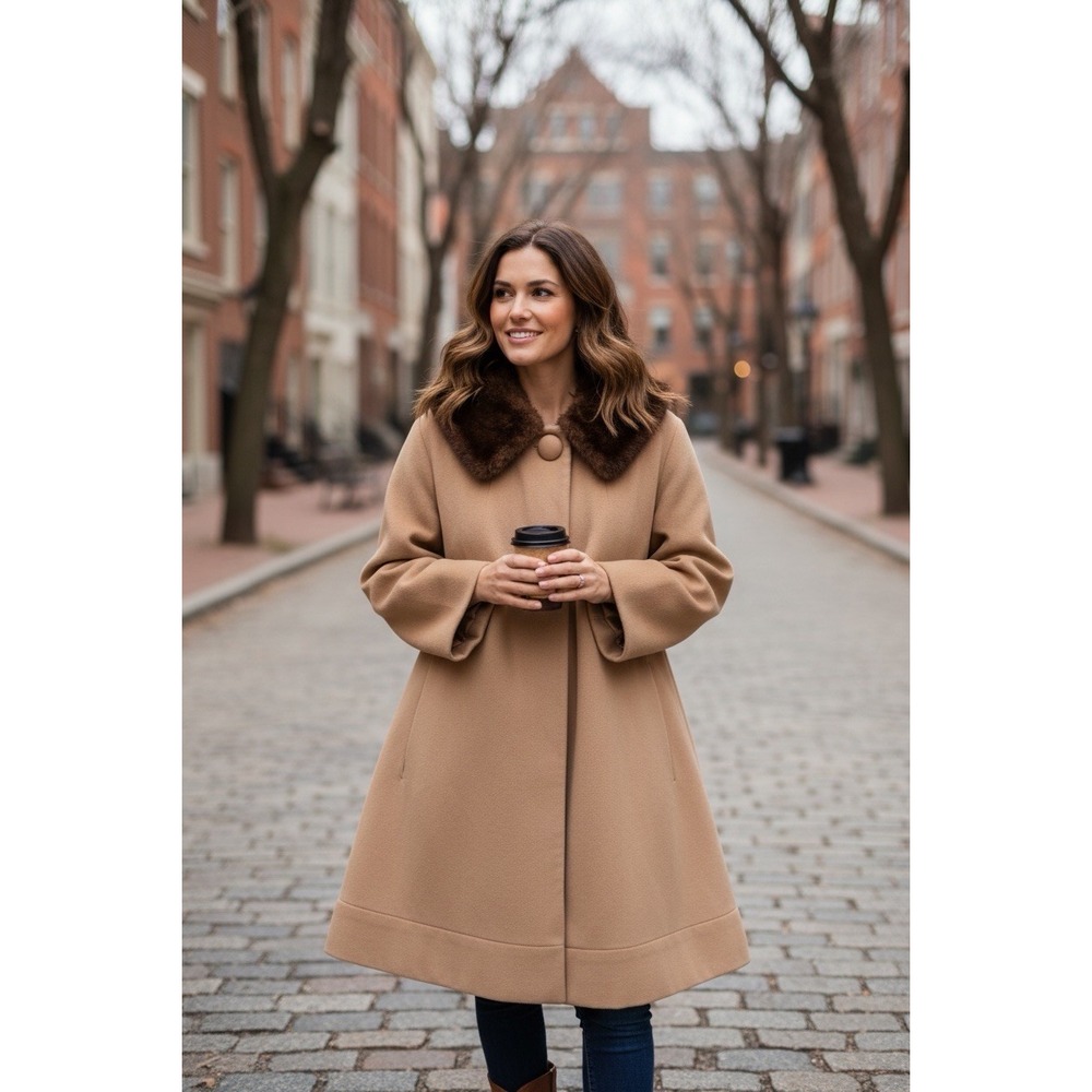 Vintage 1950s Camel/Tan Cashmere Swing Coat Mink Collar Midi Overcoat